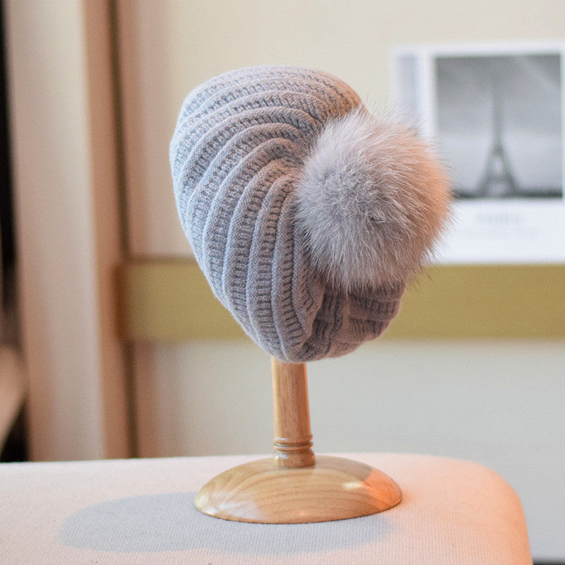 Fox Fur Ball Knitted Beret