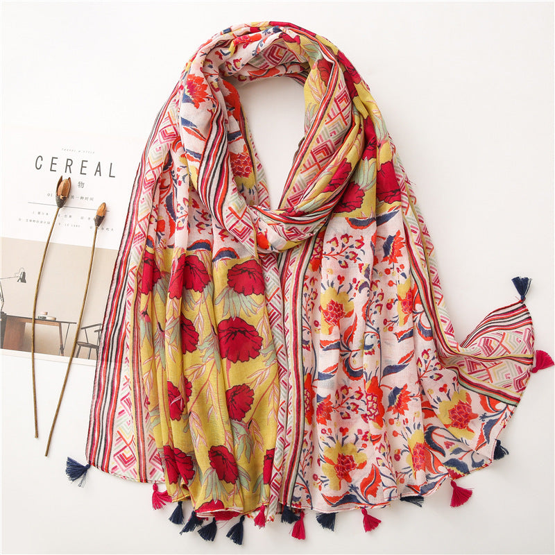 Japanese Style Artistic Fresh Cotton And Linen Scarf Retro Patchwork Bohemian Cashew Print