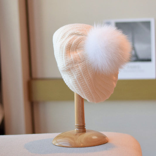 Fox Fur Ball Knitted Beret