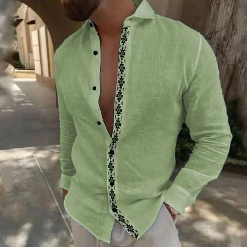 Lapel Button Cotton And Linen Printed Men's Shirt