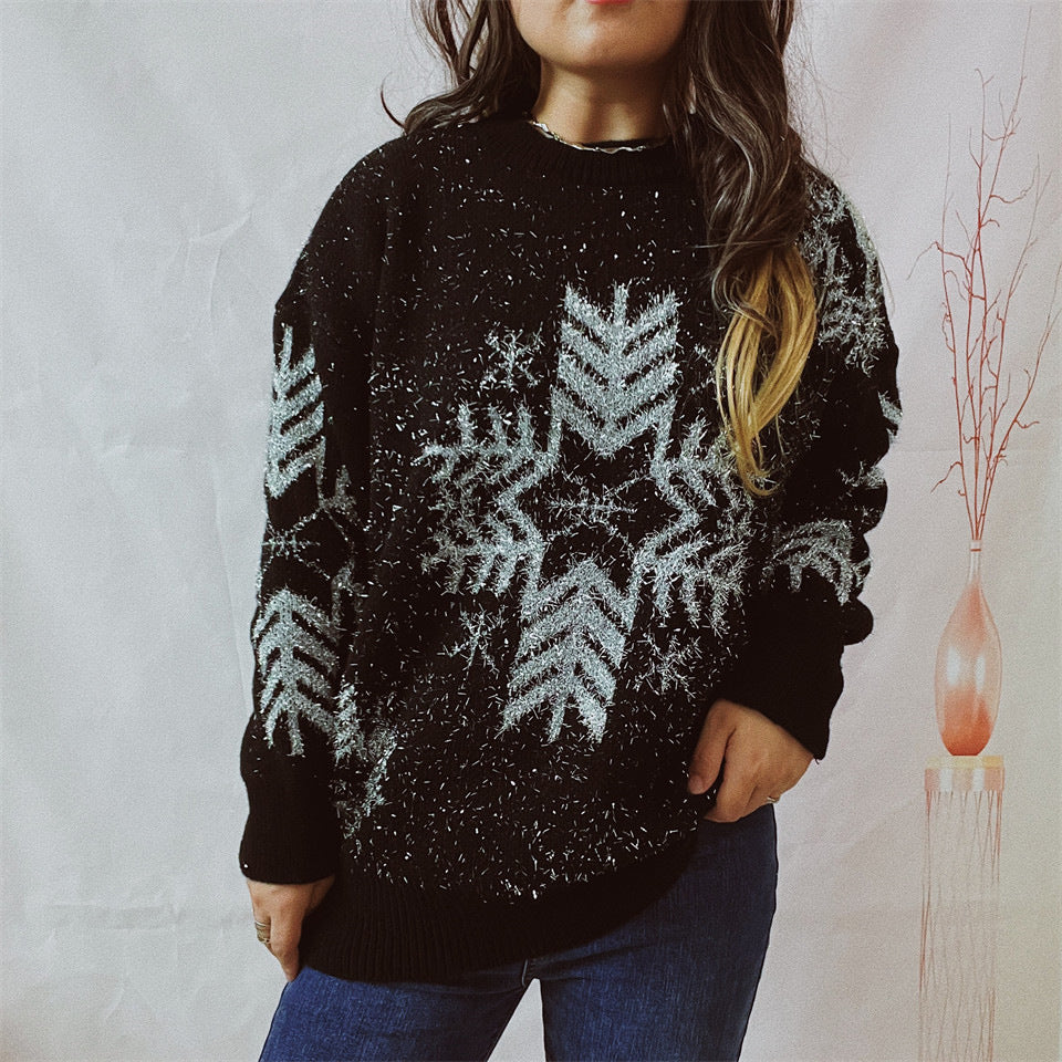 Suéter navideño con copo de nieve grande, línea dorada, holgado, a la moda para mujer