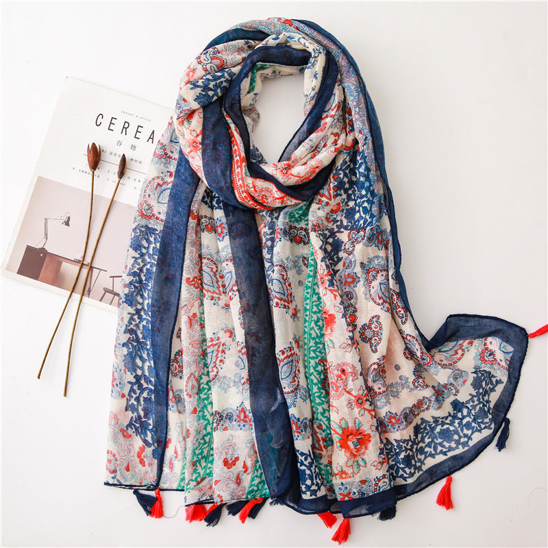 Japanese Style Artistic Fresh Cotton And Linen Scarf Retro Patchwork Bohemian Cashew Print