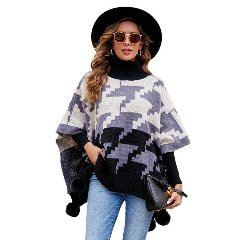 Contrast Color Turtleneck Fur Ball Warm Foreign Trade Fashion Shawl Cape Women