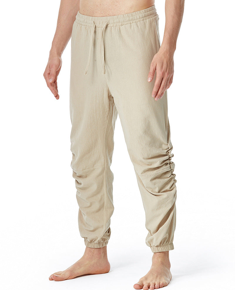 Pantalones de yoga con cintura elástica y cordón de algodón y lino para hombre