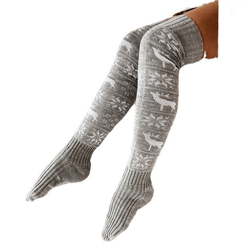 Invierno Navidad Cálido Punto Mujer Medias Hermoso Alce Copo de nieve Jacquard Sobre la rodilla Calcetines largos casuales para damas Regalos Tamaño libre