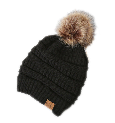 Warm Hat Thickening Not Fleece-lined Knitting Plus Fur Ball