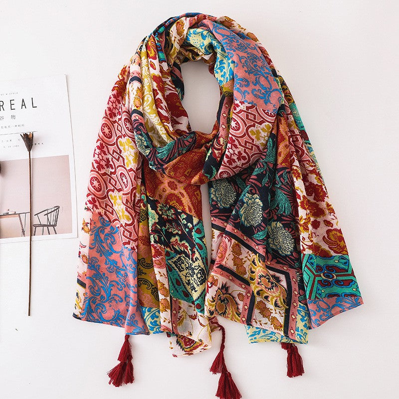 Japanese Style Artistic Fresh Cotton And Linen Scarf Retro Patchwork Bohemian Cashew Print