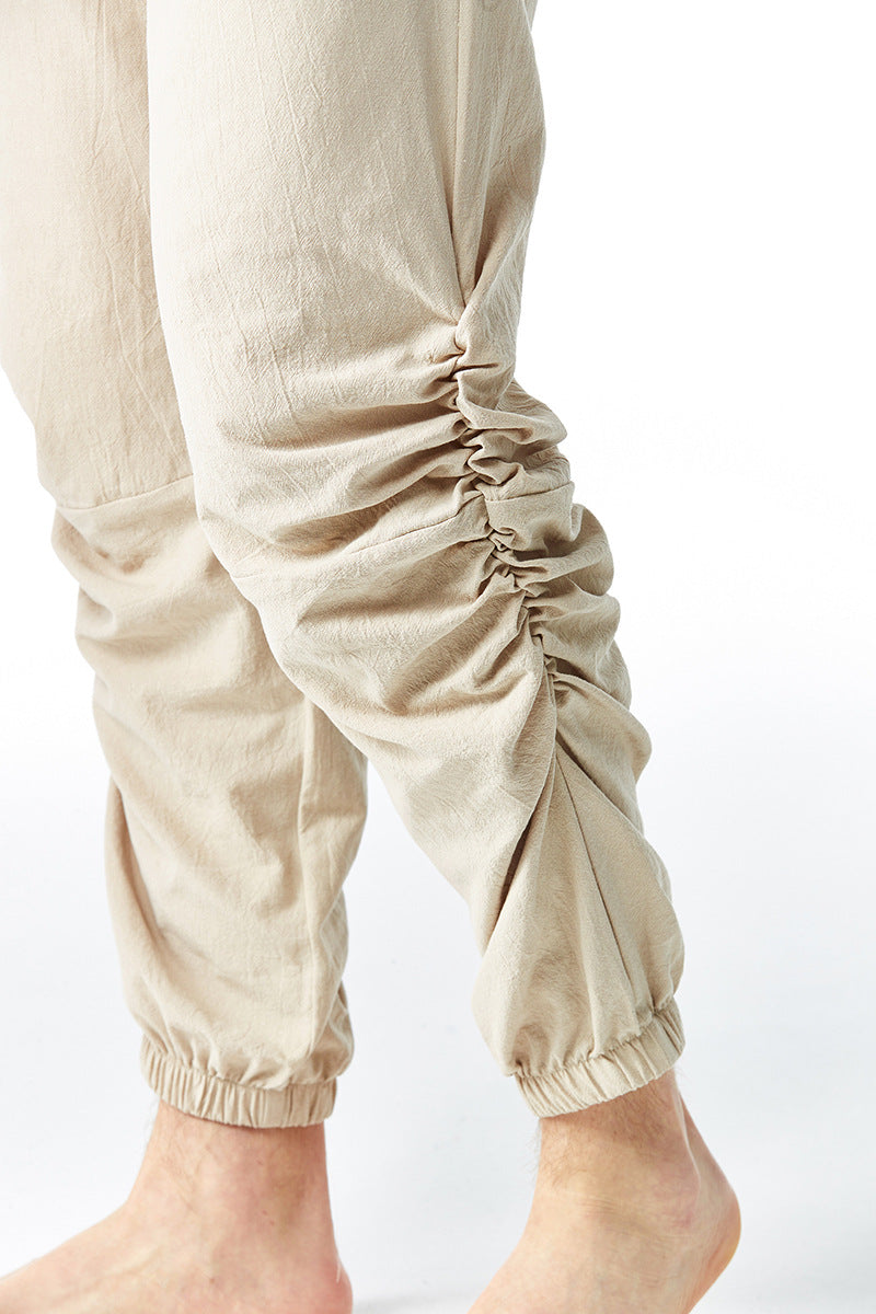 Pantalones de yoga con cintura elástica y cordón de algodón y lino para hombre