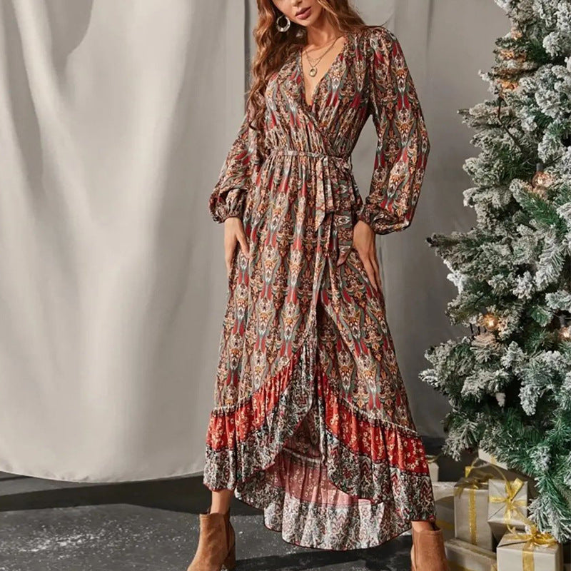 Women's Fashion V-neck Long Sleeve Printed Dress