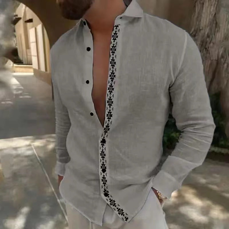 camisa de hombre estampada de algodón y lino con botones de solapa