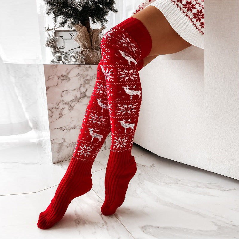 Invierno Navidad Cálido Punto Mujer Medias Hermoso Alce Copo de nieve Jacquard Sobre la rodilla Calcetines largos casuales para damas Regalos Tamaño libre