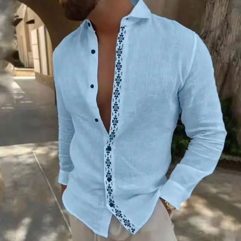 camisa de hombre estampada de algodón y lino con botones de solapa