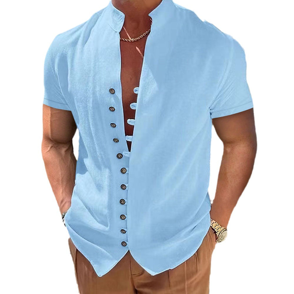 Camisa de manga corta con cuello de lino y algodón vintage para hombre