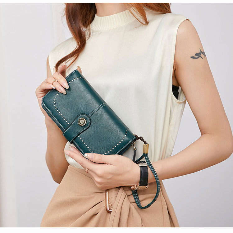 Cartera antimagnética RFID Bolso de gran capacidad para mujer con cremallera larga