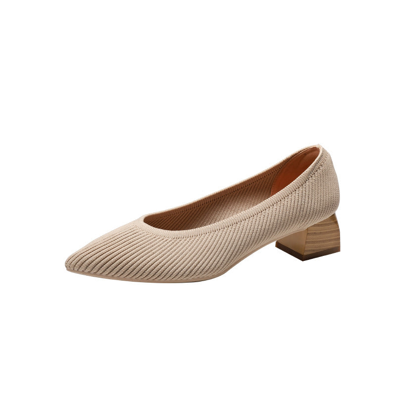 Wood Grain Thick Heel Pointed Breathable Casual Pumps