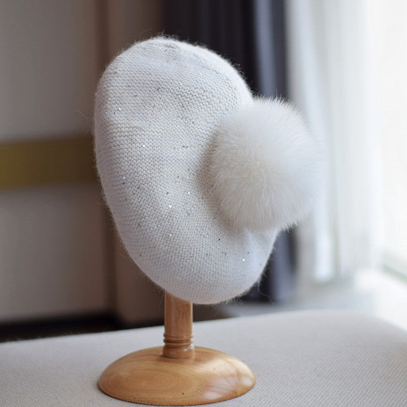 Rabbit Hair Knitted Sequin Beret