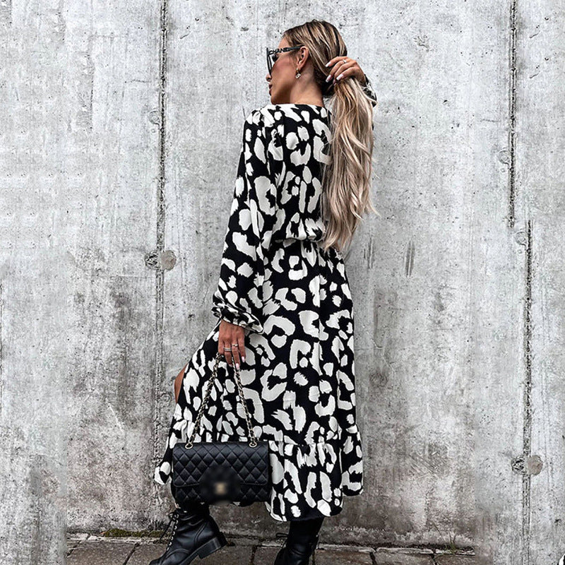 Women's Printed Lantern Sleeve Loose Long Sleeve Dress