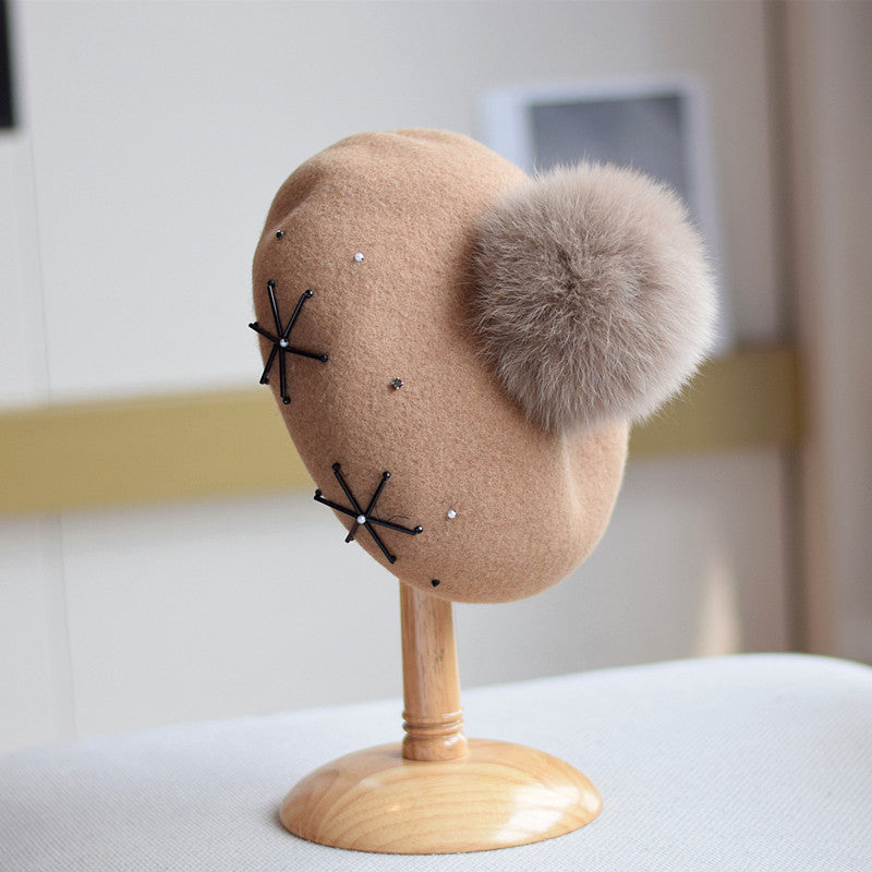 Women's Fox Fur Ball Elegant Retro Woolen Hat