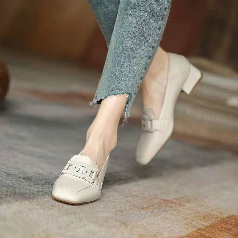 Slip-on British Metal Buckle Square Toe Leather Shoes