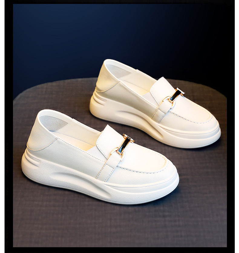 Genuine Leather White Shoes Women's Autumn All-match Explosion-proof Platform Casual Loafers