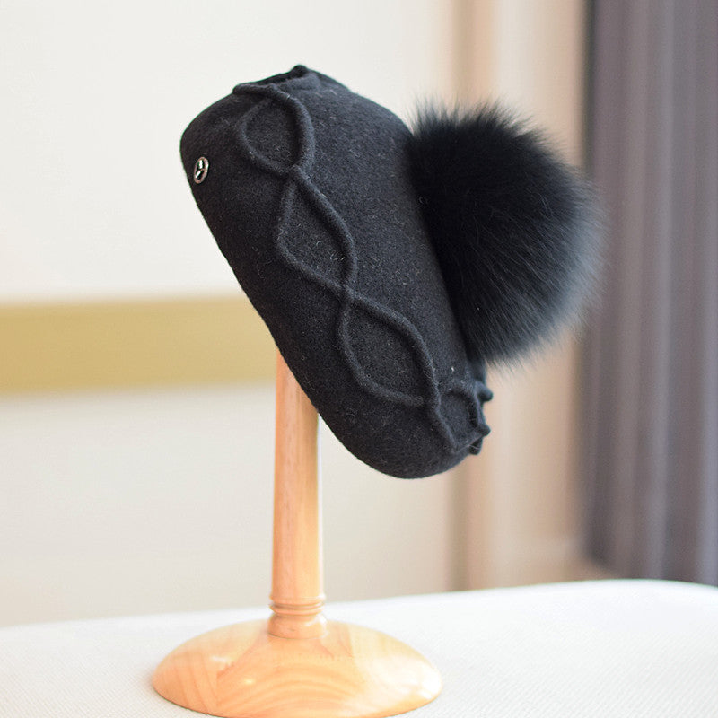 Fox Fur Ball Beret Wool Retro Easy Matching Hat