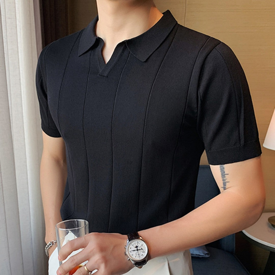 Men's V-neck Knitted Ice Silk Short Sleeve T-shirt