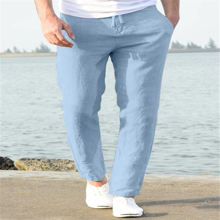 Pantalones casuales de verano de lino para hombre Pantalones con cordón