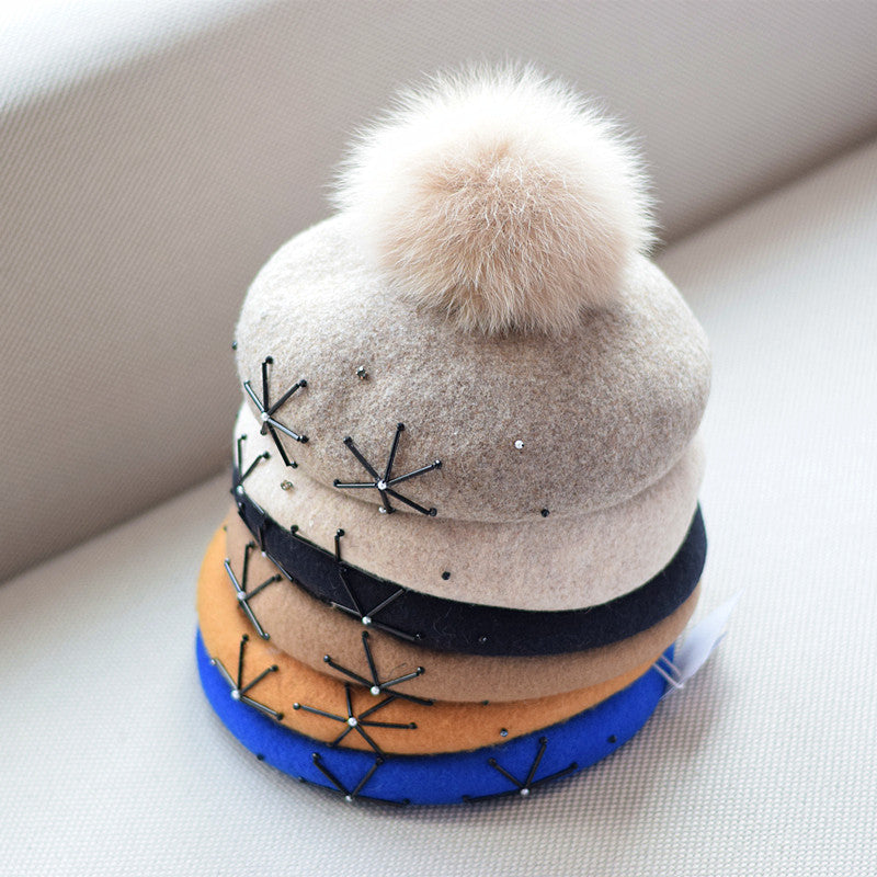 Women's Fox Fur Ball Elegant Retro Woolen Hat