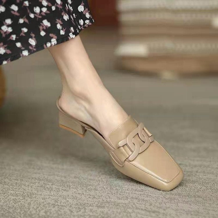 Slip-on British Metal Buckle Square Toe Leather Shoes