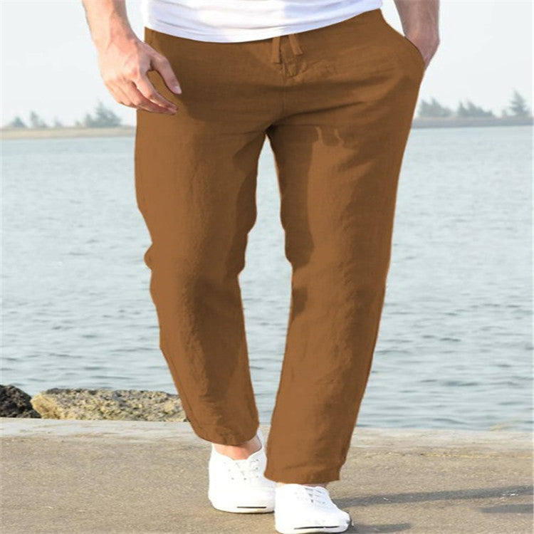 Pantalones casuales de verano de lino para hombre Pantalones con cordón