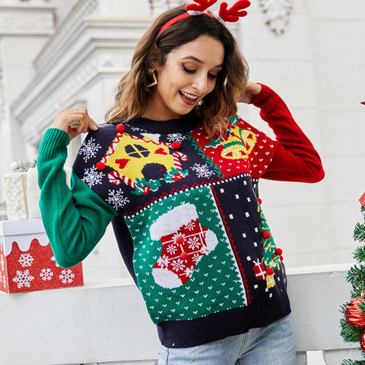 Suéteres de punto con copos de nieve y árbol de Navidad para mujer, jersey bordado de manga larga con cuello redondo, prendas de punto, Tops de invierno