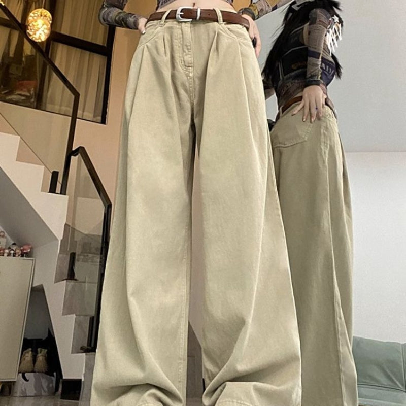 High Waist Loose And Slimming Khaki Wide Leg Jeans