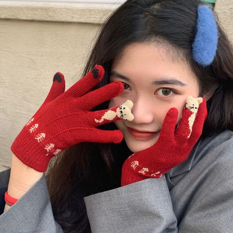 Christmas Red Finger Gloves For Women