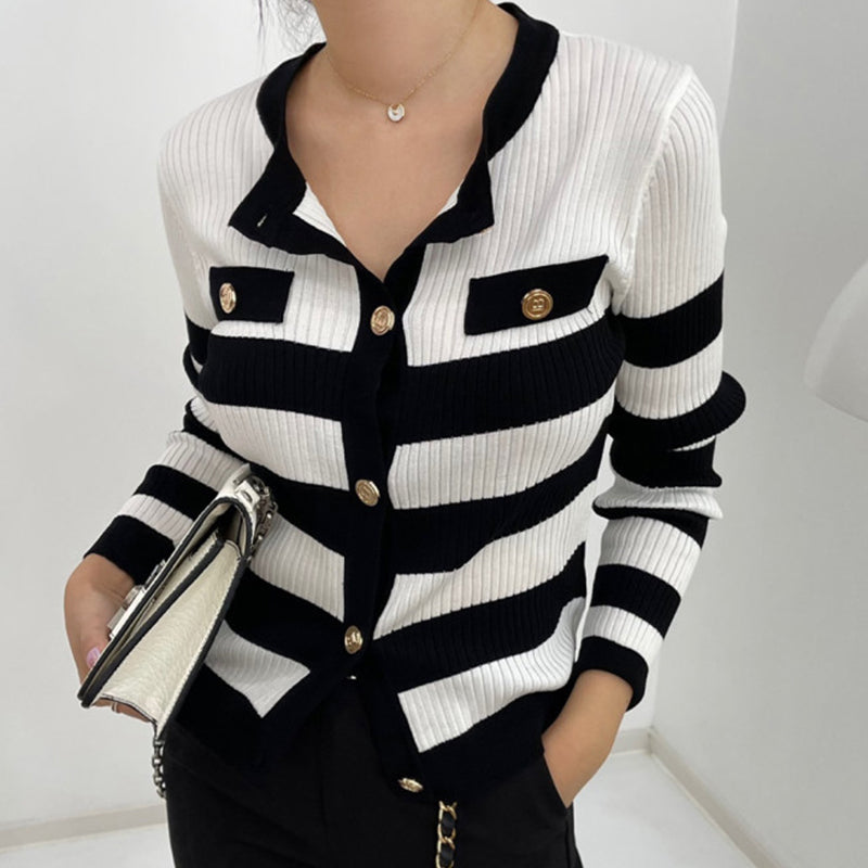 Contrast Stripe Design Long Sleeve Knitted Cardigan Woman