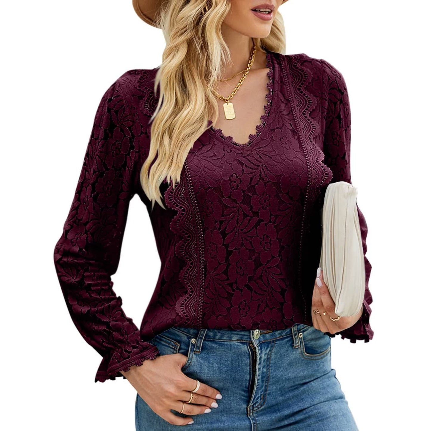 Hollow Long Sleeve Lace Top Woman