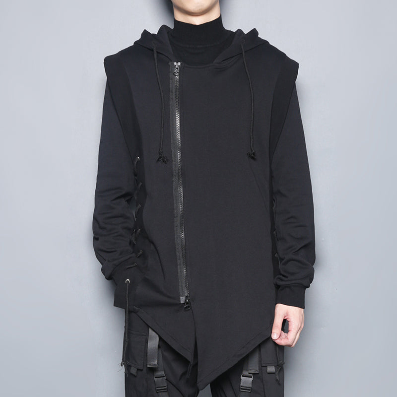 Dark Black Zipper Fake Two Piece Hooded Cross Strap Casual Coat