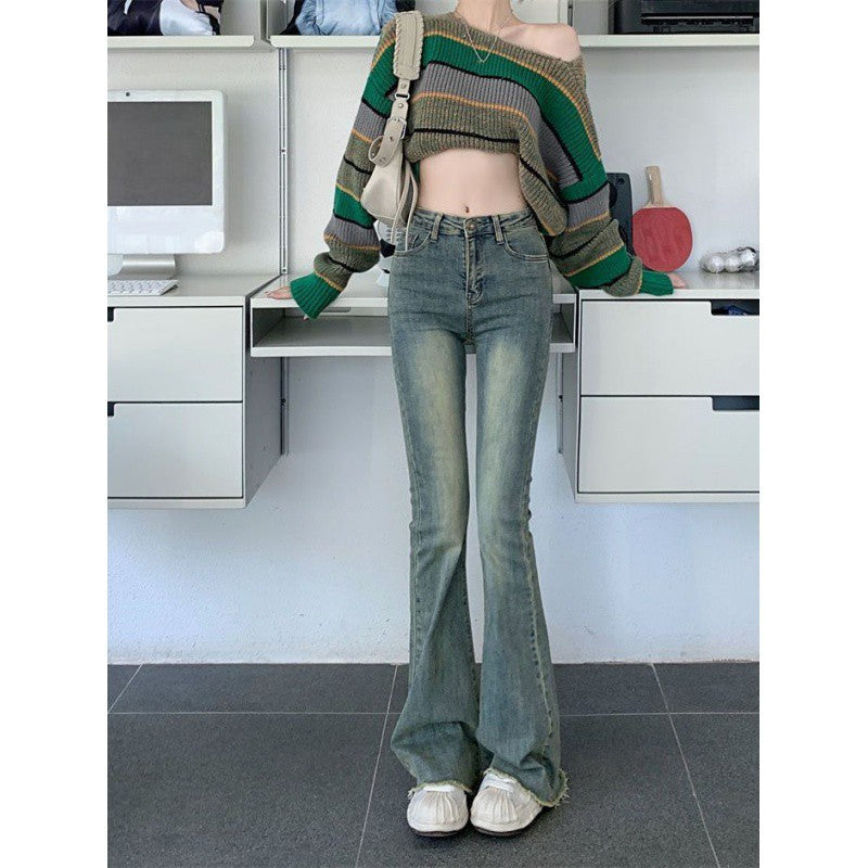 New Raw Hem High Waist Slightly Flared Retro Stretch Jeans For Women