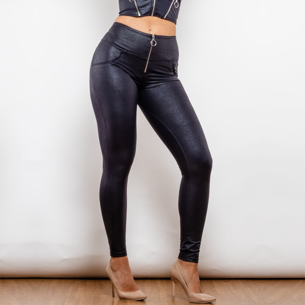 Shascullfites Melody cintura alta Crackle pantalones de elevación recubiertos negros anillo con cremallera Leggings de realce de trasero Leggings Push Up