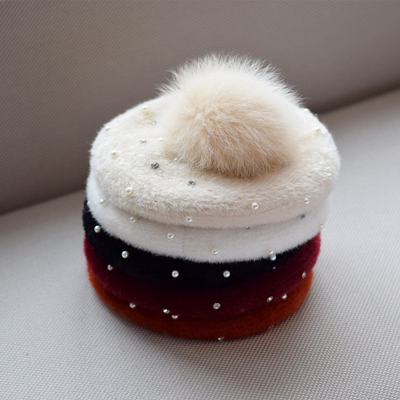 Rhinestone Mink-like Wool Beret Japanese Style Sweet And Cute Painter Cap