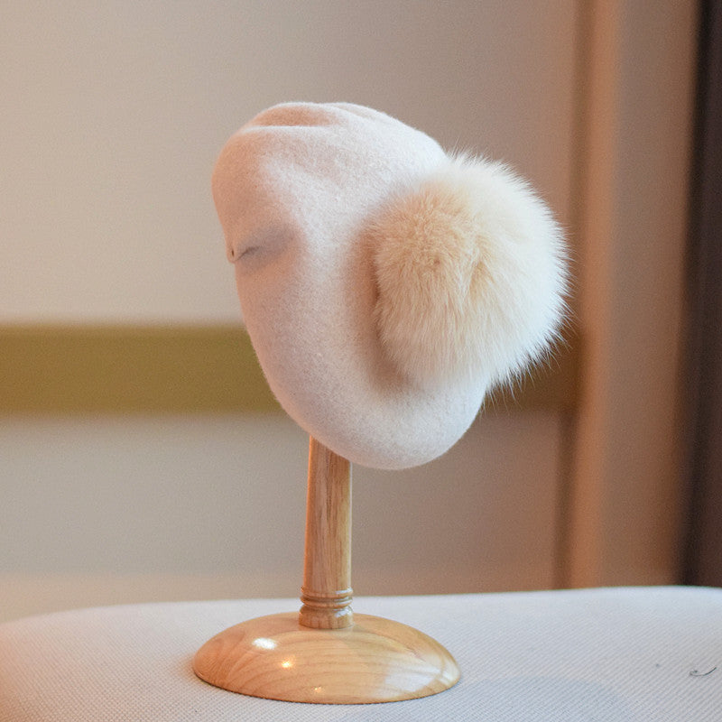 Wool Beret Women's Fur Ball Fashion Painter Cap