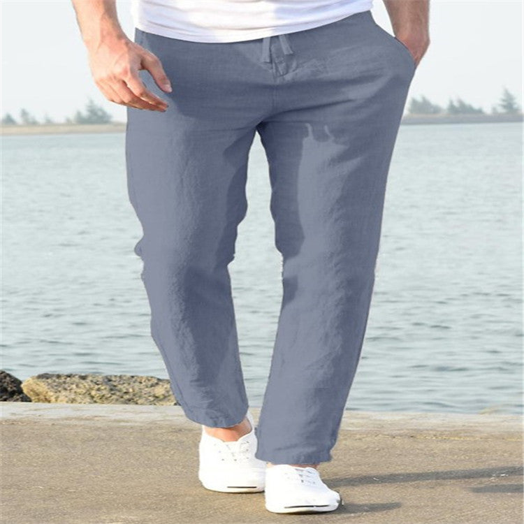 Pantalones casuales de verano de lino para hombre Pantalones con cordón