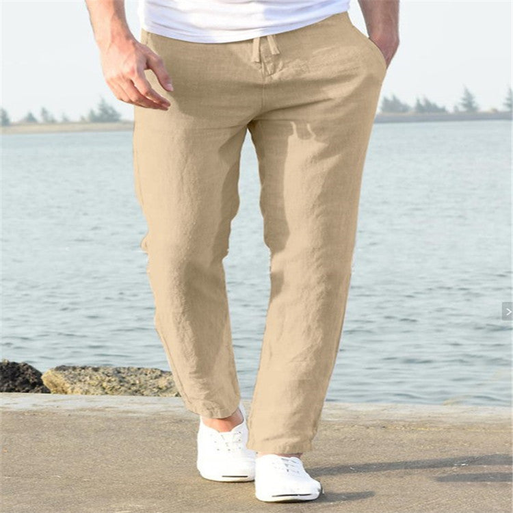 Pantalones casuales de verano de lino para hombre Pantalones con cordón