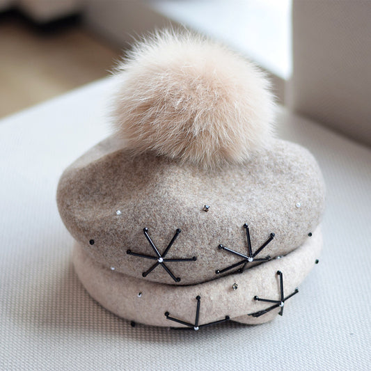 Women's Fox Fur Ball Elegant Retro Woolen Hat