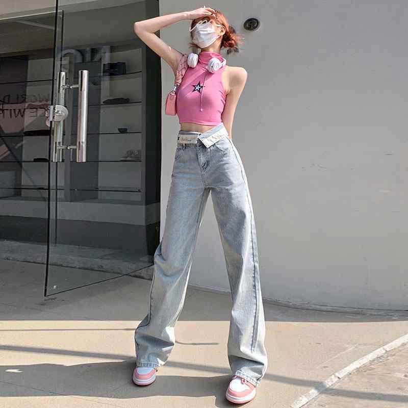 Women's Wide-leg Cuffed Light-colored Straight Mop Jeans