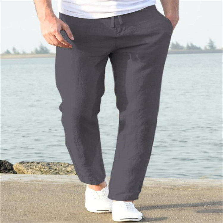 Pantalones casuales de verano de lino para hombre Pantalones con cordón