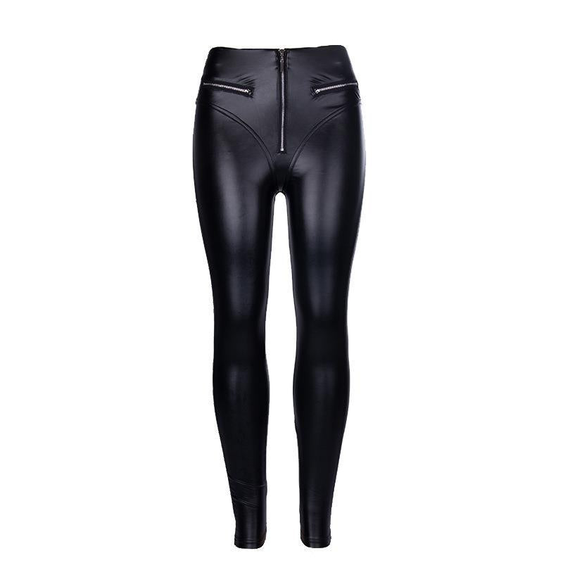 Pantalones de cuero de cintura alta ajustados de Pu con nalgas de color melocotón oscuro para mujer