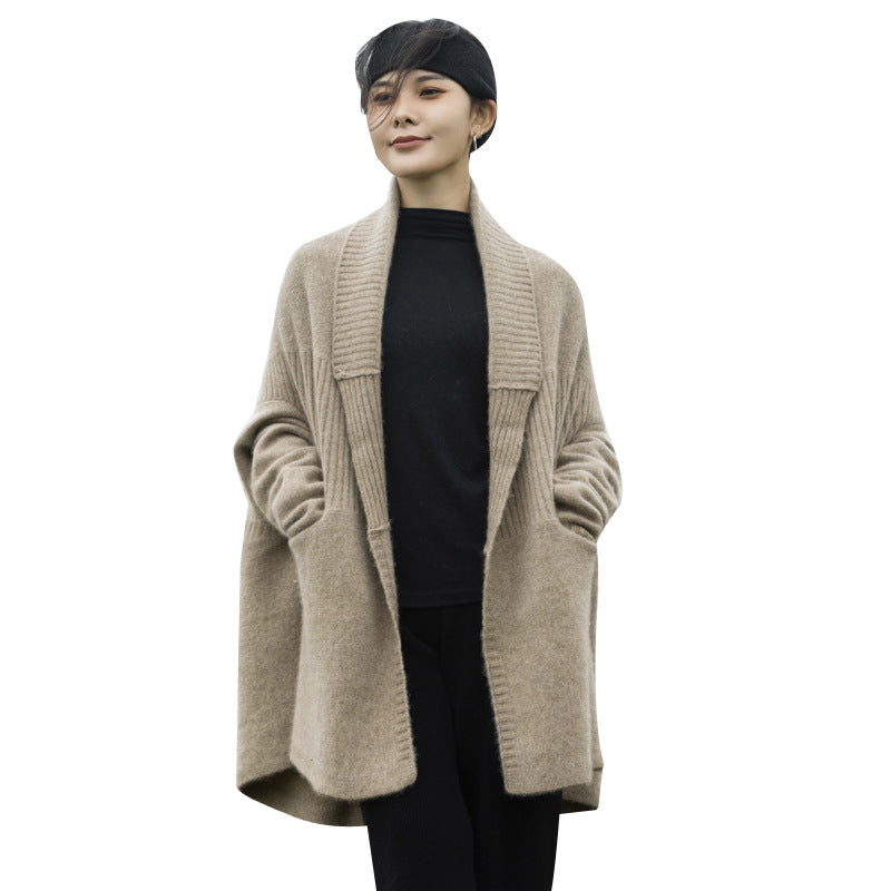 Lapel Drop Shoulder 100 Pure Wool Cardigan Coat Mid-length Autumn And Winter Thickened Heavy Knitted Cape Sweater