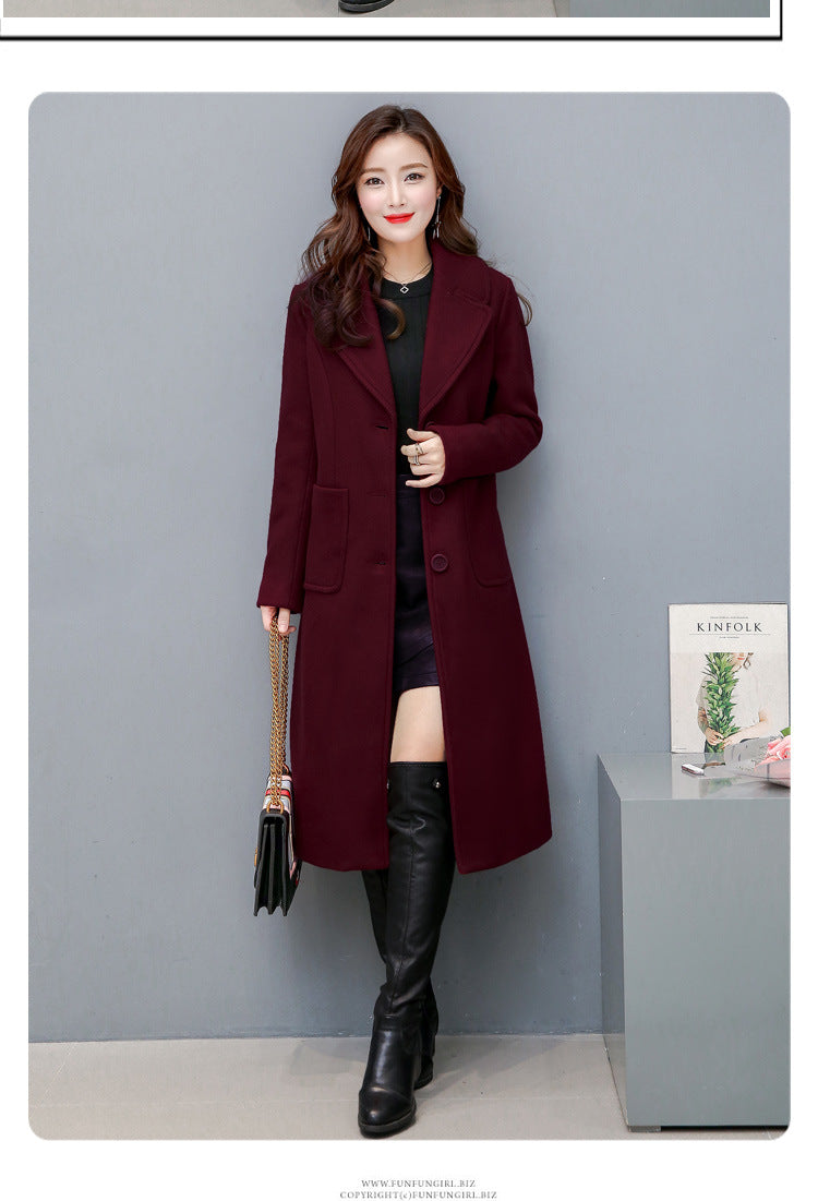 Fashionable Over-the-knee Woolen Women's Slim And Slim Long Woolen Coat