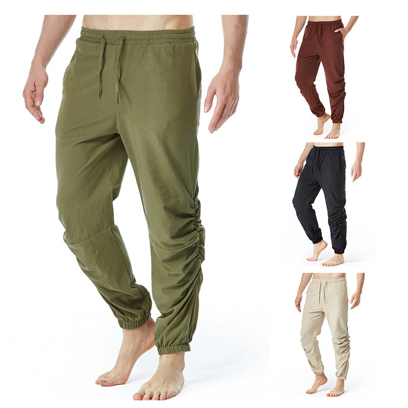 Pantalones de yoga con cintura elástica y cordón de algodón y lino para hombre