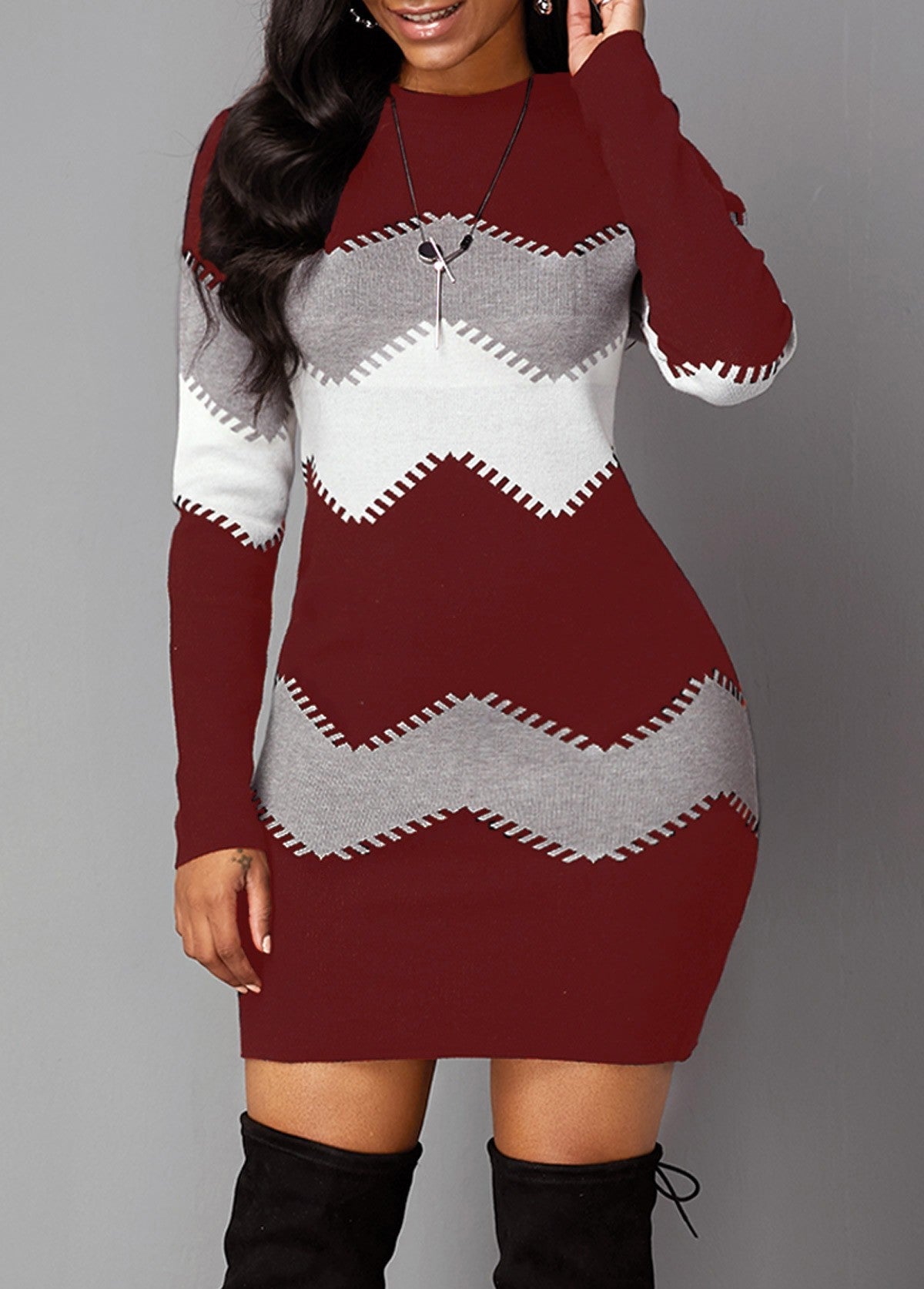 Women's Mid-length Round Neck Long Sleeve Printed Knitted Dress